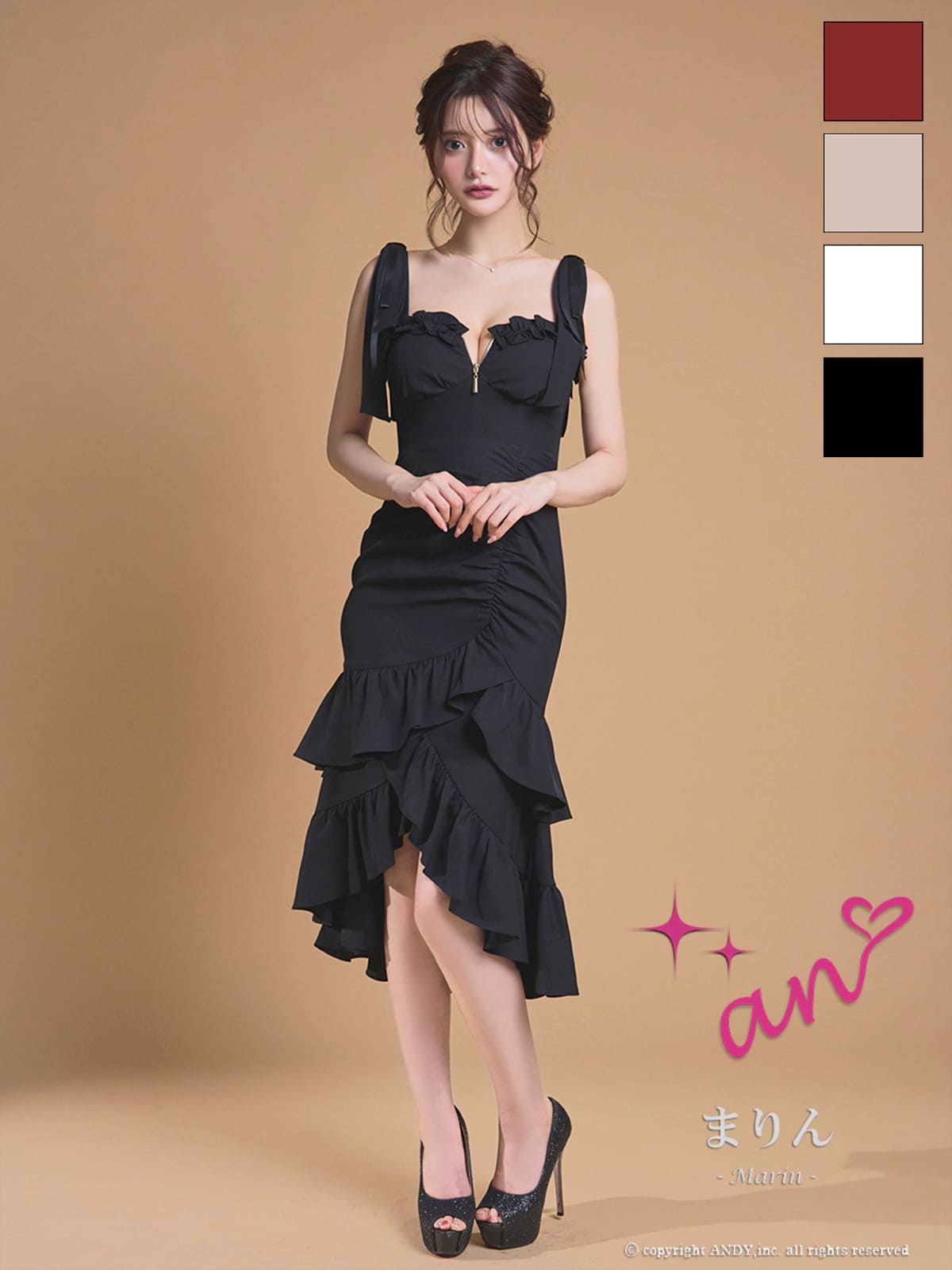 キャバドレス an アン 高級 ノースリーブ 膝丈ドレス ジップ フリル リボン ロングテール タイト