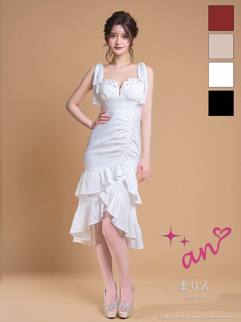 キャバドレス an アン 高級 ノースリーブ 膝丈ドレス ジップ フリル リボン ロングテール タイト