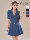 キャバドレス Andy アンディ 高級 半袖 フレアミニドレス 襟付き ワンカラー バストカット