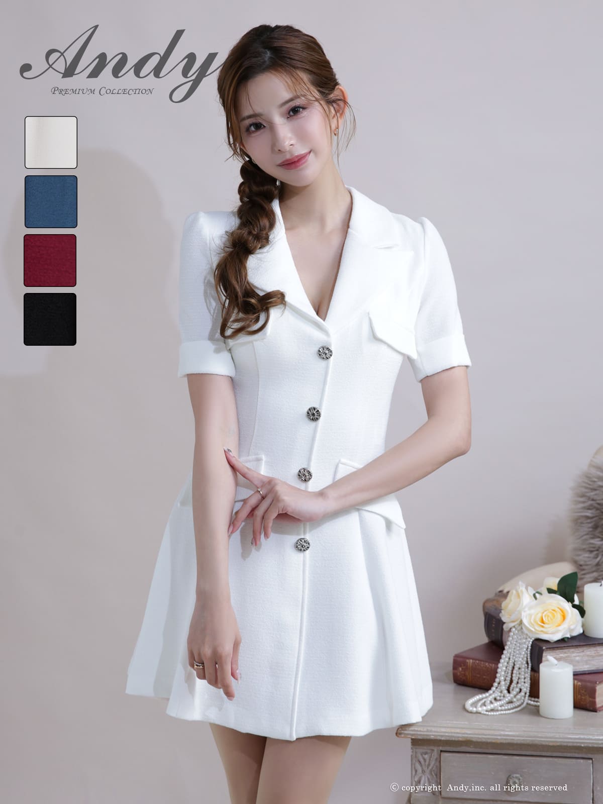 キャバドレス Andy アンディ 高級 半袖 フレアミニドレス 襟付き ワンカラー バストカット