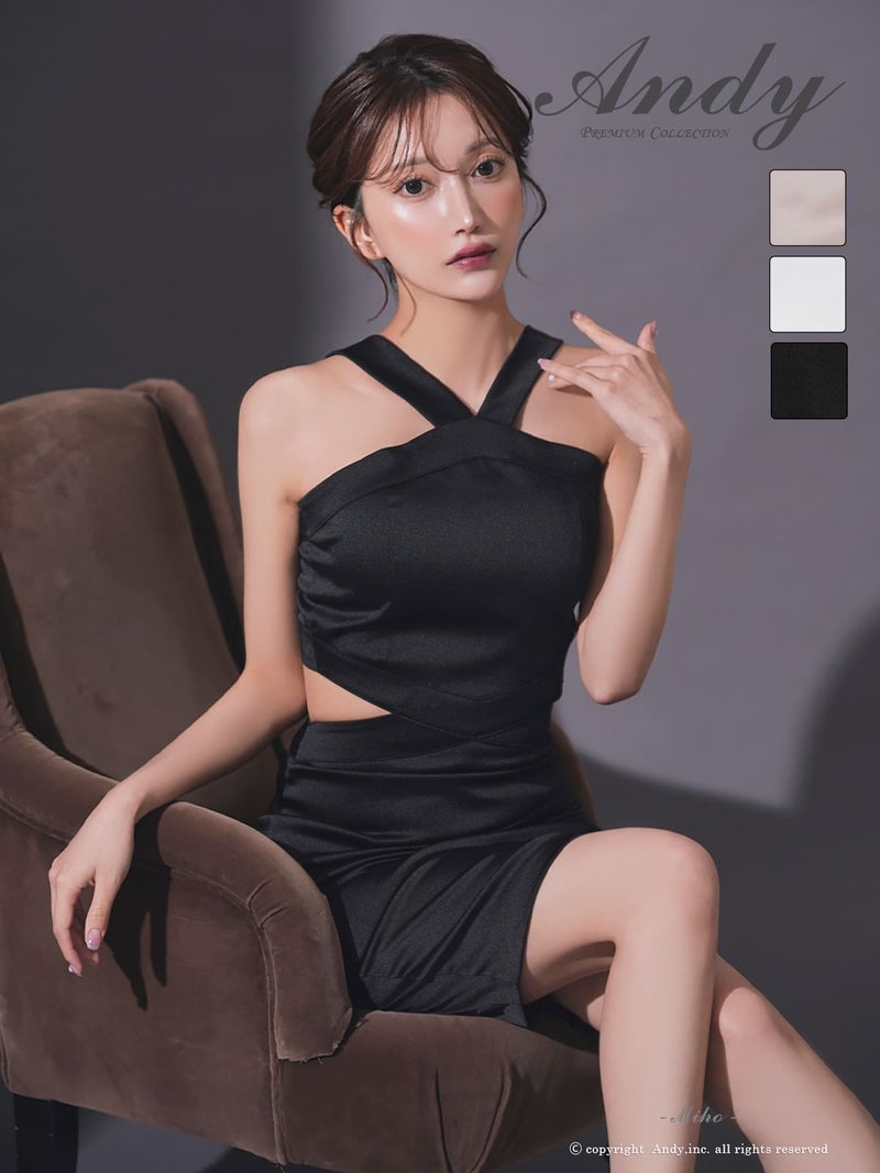 キャバドレス Andy アンディ 高級 ノースリーブ 膝丈ドレス サテン ウエストカット ワンカラー タイトミニドレス