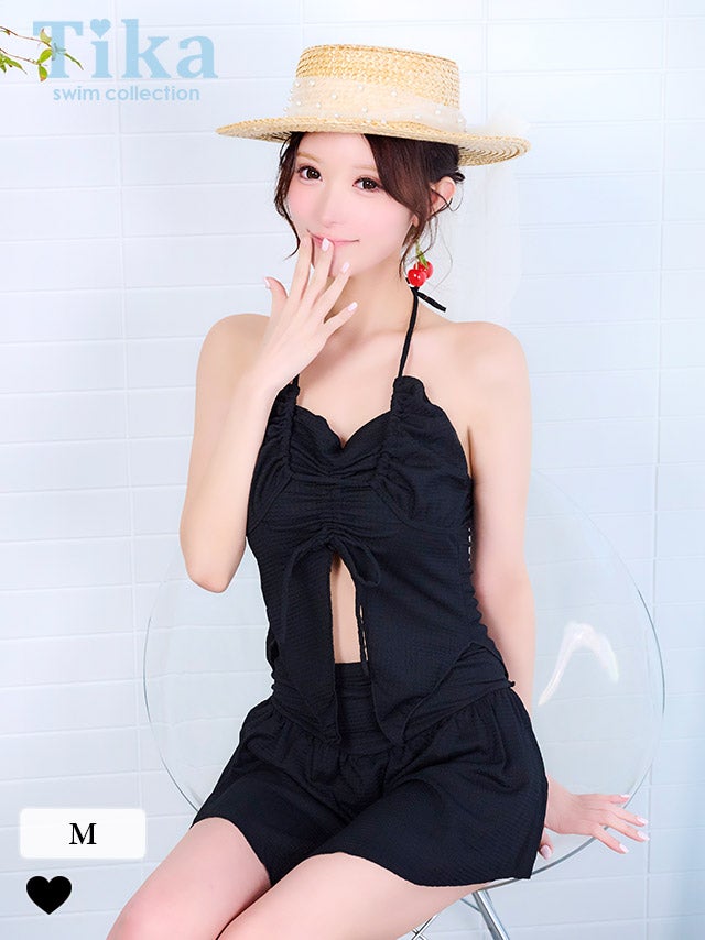 水着 レディース タンキニ スカート 黒 ブラック シンプル 体型カバー 編み上げ レースアップ