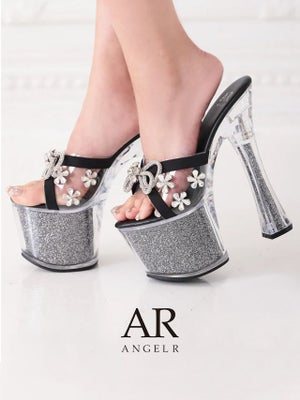 予約商品【5月下旬入荷予定】[Angel-R/エンジェルアール] 高級グリッターラメ入り厚底ハイヒールリボンフラワービジュークリアサンダル