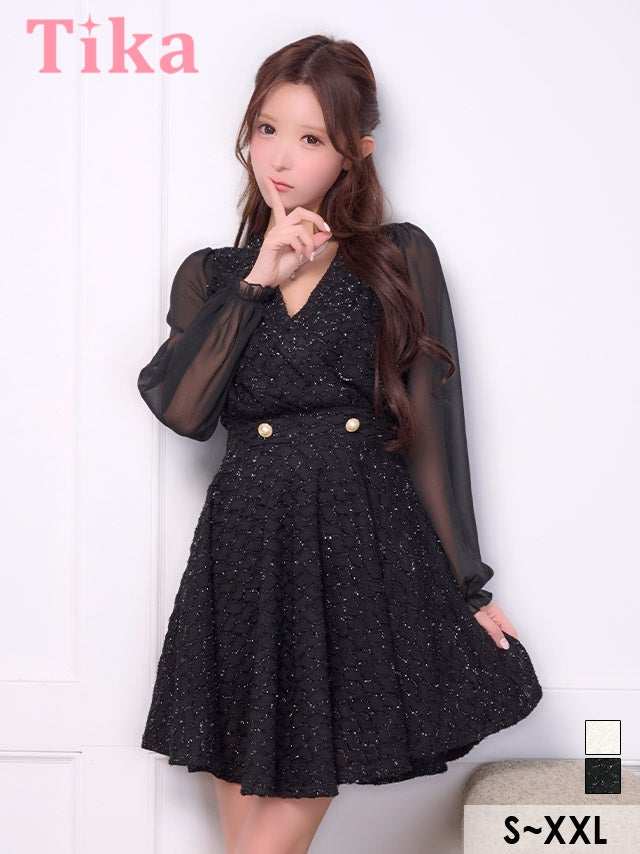 膝丈ドレス Aライン 長袖 ツイード ラメ ワンピース Vネック 大人 上品 二の腕カバー 下着のまま お呼ばれ 高身長 黒 キャバドレス (聖菜着用) [tk-mdd001k]