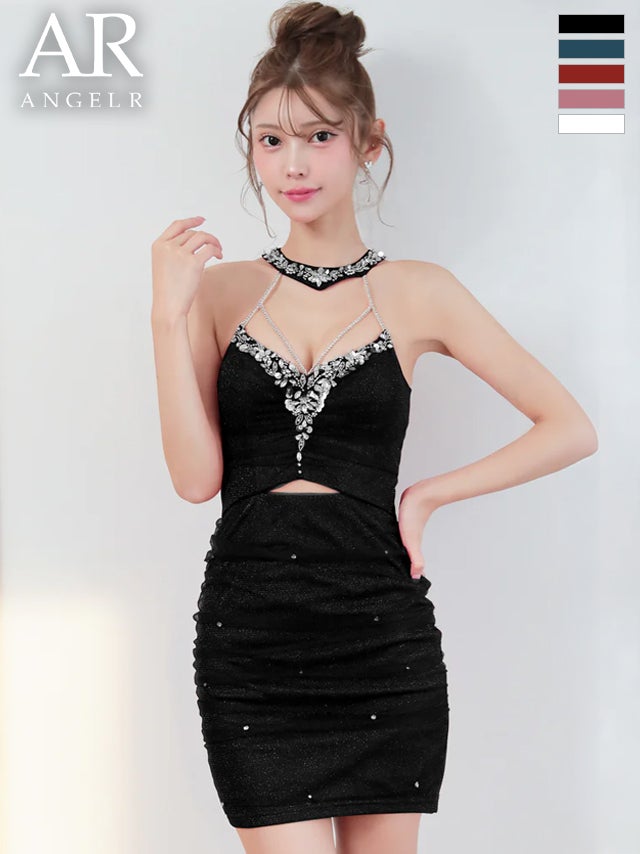 キャバドレス ミニドレス Angel-R エンジェルアール 高級 ブランド タイトミニドレス 谷間 ホルターネック ウエストカット ラメチュール バストコード ビジュー セクシー