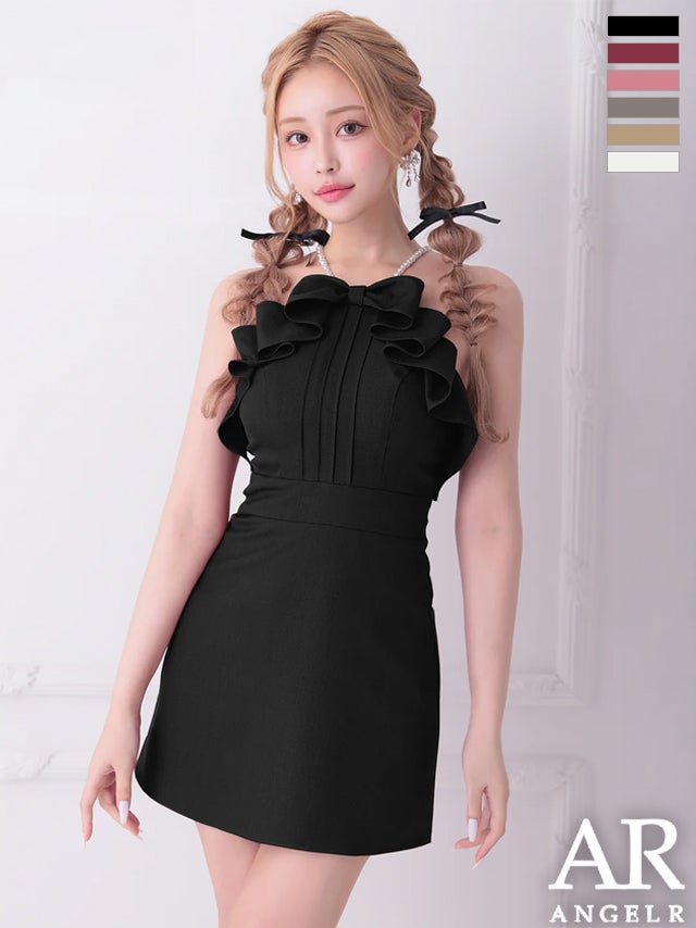 キャバドレス ミニドレス Angel-R エンジェルアール 高級 ブランド Aラインミニドレス キャミソール フリルリボン パールショルダー 胸元カバー ワンカラー