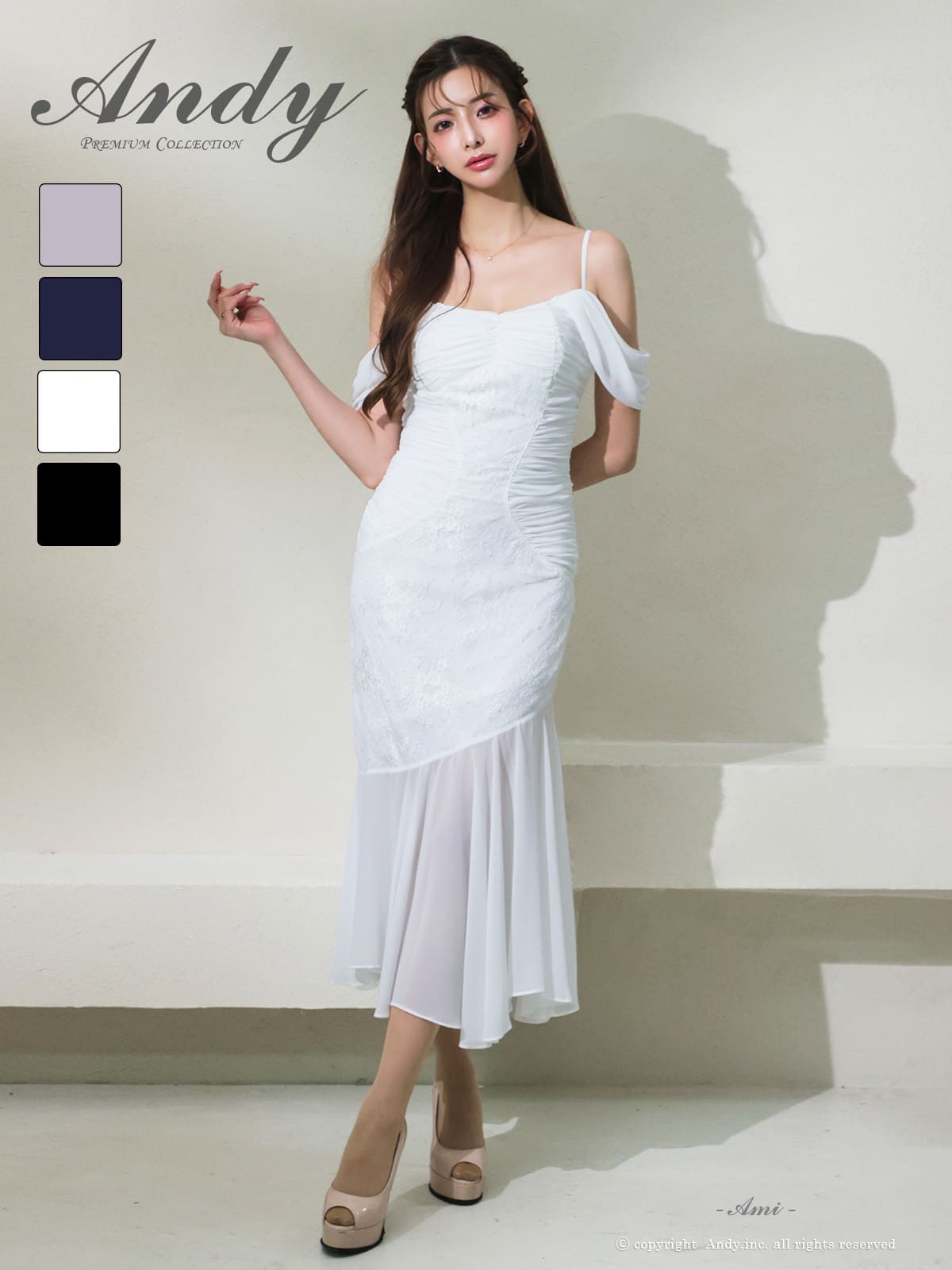 キャバドレス Andy アンディ 高級 オフショルダー タイトロングドレス バストカット ジャガード ワンカラー フリル