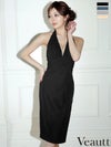 キャバドレス 膝丈ドレス Veautt/ヴュート 高級 ブランド タイト膝丈ドレス ホルターネック ストレッチ ビジュー ジップ 谷間 背中魅せ Vカット ラメ