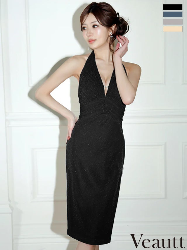 キャバドレス 膝丈ドレス Veautt/ヴュート 高級 ブランド タイト膝丈ドレス ホルターネック ストレッチ ビジュー ジップ 谷間 背中魅せ Vカット ラメ