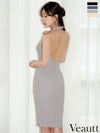 キャバドレス 膝丈ドレス Veautt/ヴュート 高級 ブランド タイト膝丈ドレス ホルターネック ストレッチ ビジュー ジップ 谷間 背中魅せ Vカット ラメ
