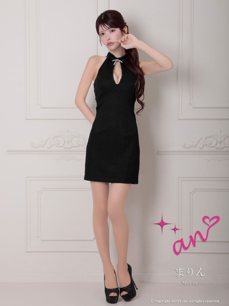 キャバドレス an アン 高級 ノースリーブ タイトミニドレス バストカット リボン ハイネック ビジュー ウエストカット