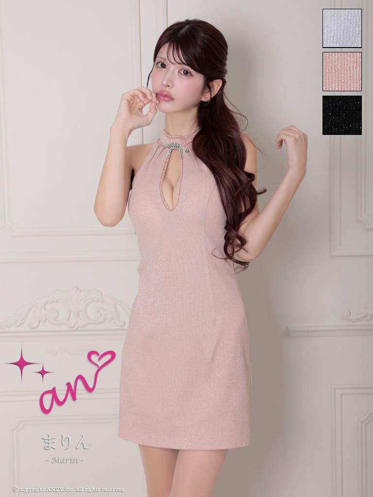 キャバドレス an アン 高級 ノースリーブ タイトミニドレス バストカット リボン ハイネック ビジュー ウエストカット