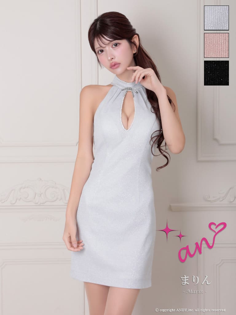 キャバドレス an アン 高級 ノースリーブ タイトミニドレス バストカット リボン ハイネック ビジュー ウエストカット