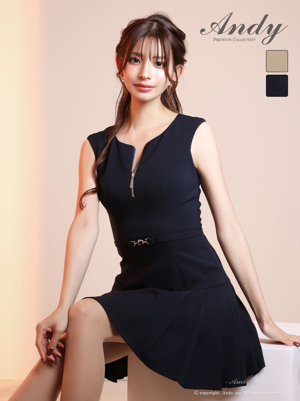 キャバドレス an アン 高級 ノースリーブ フレアミニドレス プリーツ ジップ バストカット ウエストベルト