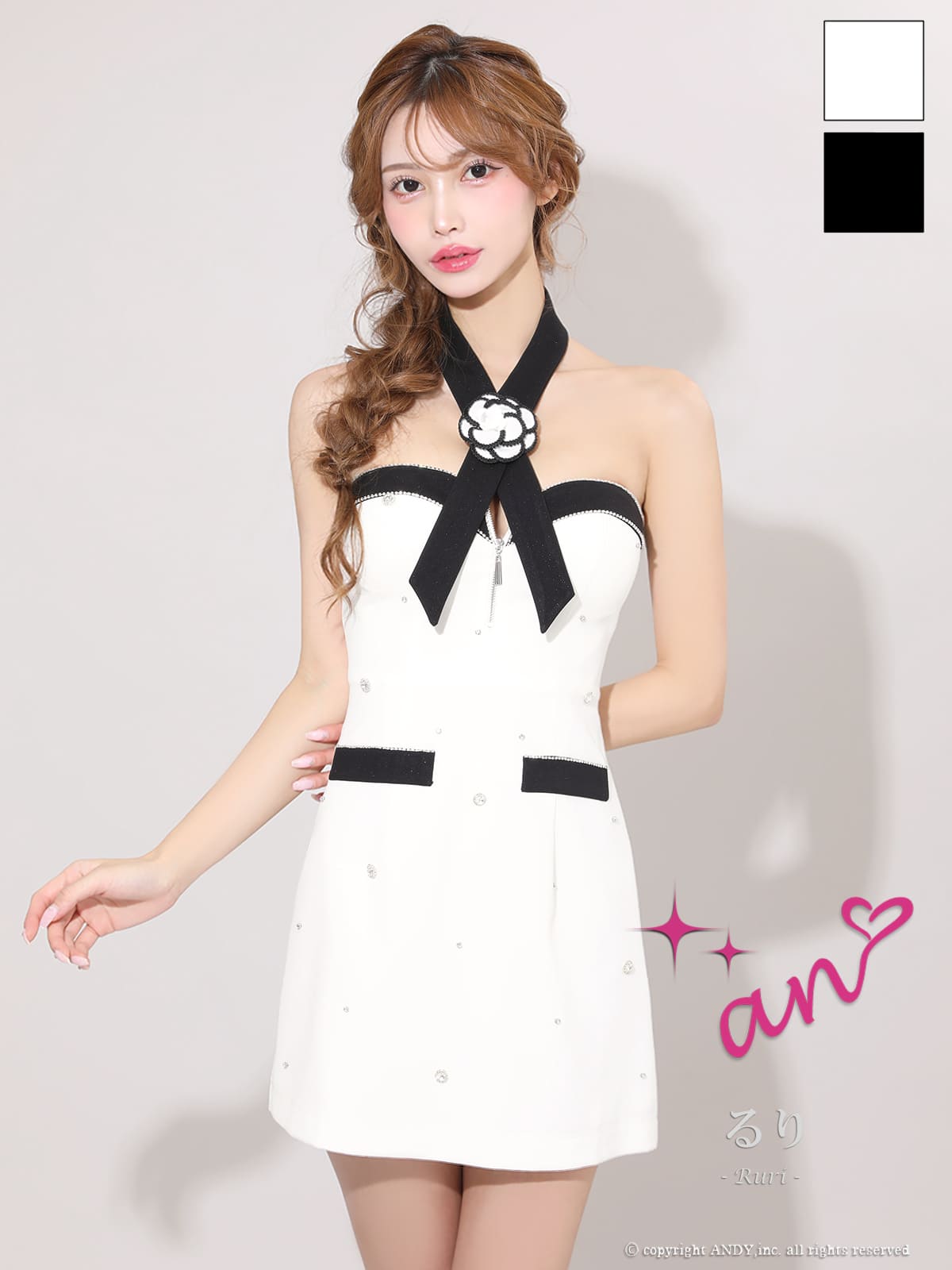 キャバドレス an アン 高級 ノースリーブ フレアミニドレス 2way ネクタイ取り外し可能 ジップ バストカット ビジュー バイカラー