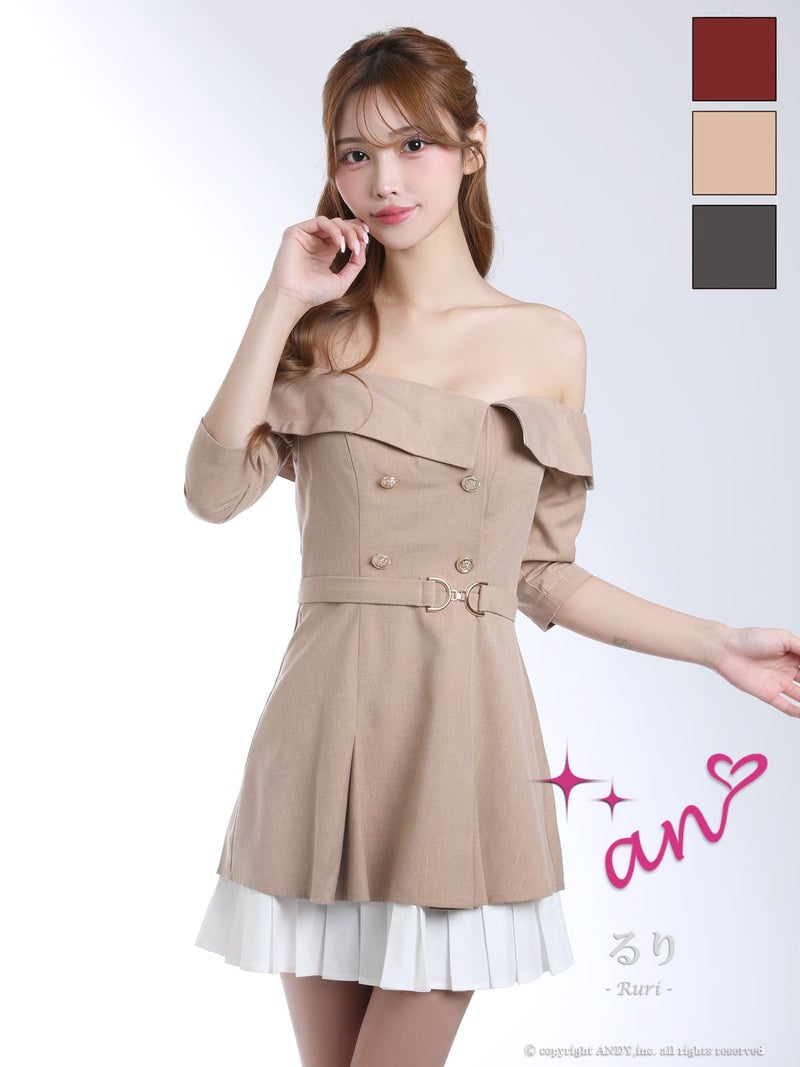 キャバドレス an アン 高級 オフショルダー フレアミニドレス 襟付き プリーツ ストライプ ウエストベルト 袖あり