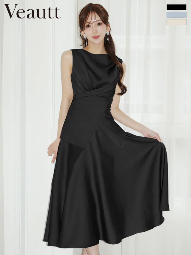 キャバドレス 膝丈ドレス Veautt/ヴュート 高級 ブランド Aライン膝丈ドレス セットアップ ノースリーブ ウエストクロスデザイン バックリボン ドレープ