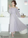 キャバドレス 膝丈ドレス Veautt/ヴュート 高級 ブランド Aライン膝丈ドレス 長袖 アシンメトリー ビジュー ドレープデザイン ラメ メッシュ