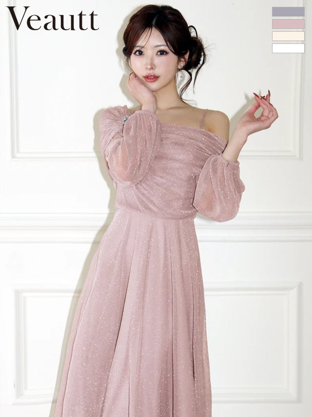 キャバドレス 膝丈ドレス Veautt/ヴュート 高級 ブランド Aライン膝丈ドレス 長袖 アシンメトリー ビジュー ドレープデザイン ラメ メッシュ