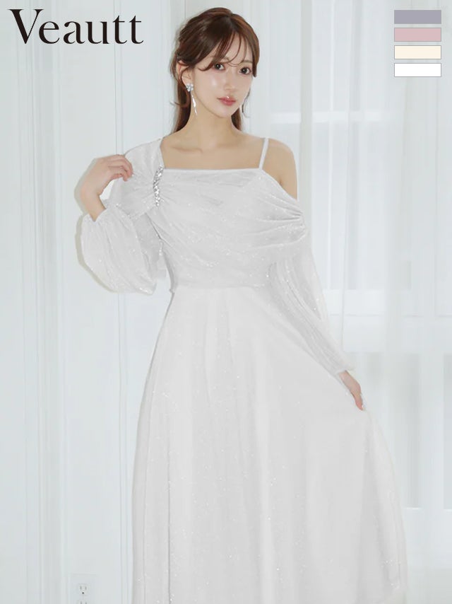 キャバドレス 膝丈ドレス Veautt/ヴュート 高級 ブランド Aライン膝丈ドレス 長袖 アシンメトリー ビジュー ドレープデザイン ラメ メッシュ