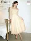 キャバドレス 膝丈ドレス Veautt/ヴュート 高級 ブランド Aライン膝丈ドレス 長袖 アシンメトリー ビジュー ドレープデザイン ラメ メッシュ