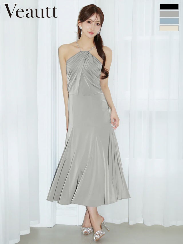 キャバドレス 膝丈ドレス Veautt/ヴュート 高級 ブランド Aライン膝丈ドレス ホルターネック ビジューチェーン ドレープデザイン