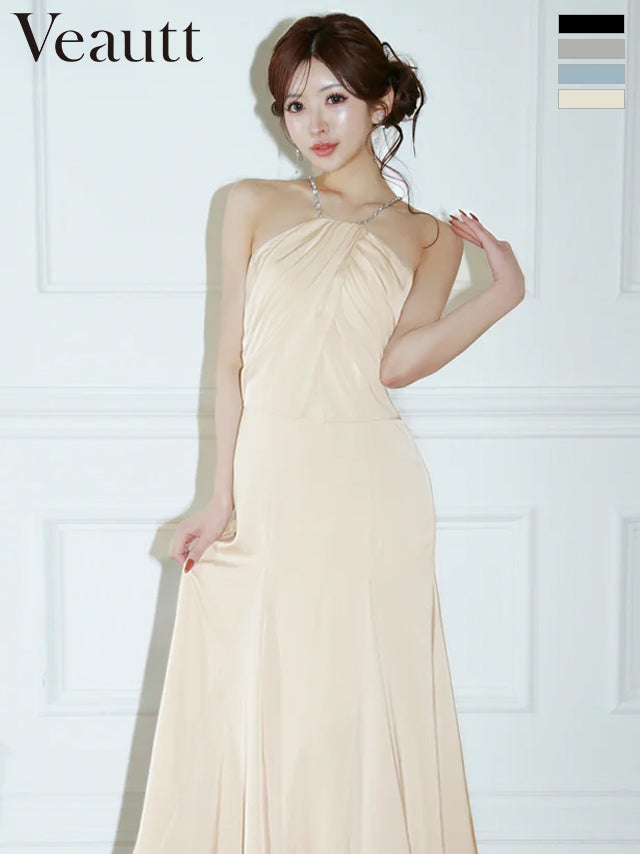 キャバドレス 膝丈ドレス Veautt/ヴュート 高級 ブランド Aライン膝丈ドレス ホルターネック ビジューチェーン ドレープデザイン