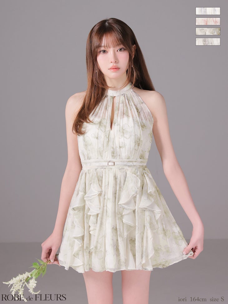 キャバドレス ミニドレス ROBEdeFLEURS ローブドフルール　高級 ブランド Aラインミニドレス セットアップ ホルターネック 谷間 花柄シフォン ベルト付き バストカット