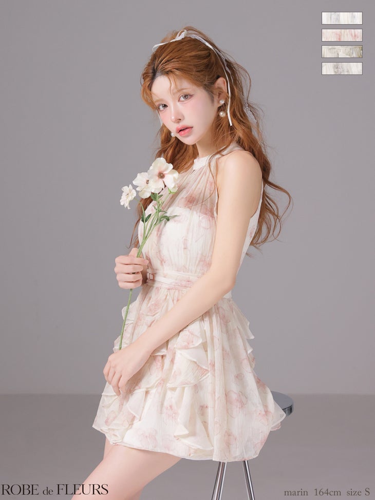キャバドレス ミニドレス ROBEdeFLEURS ローブドフルール　高級 ブランド Aラインミニドレス セットアップ ホルターネック 谷間 花柄シフォン ベルト付き バストカット