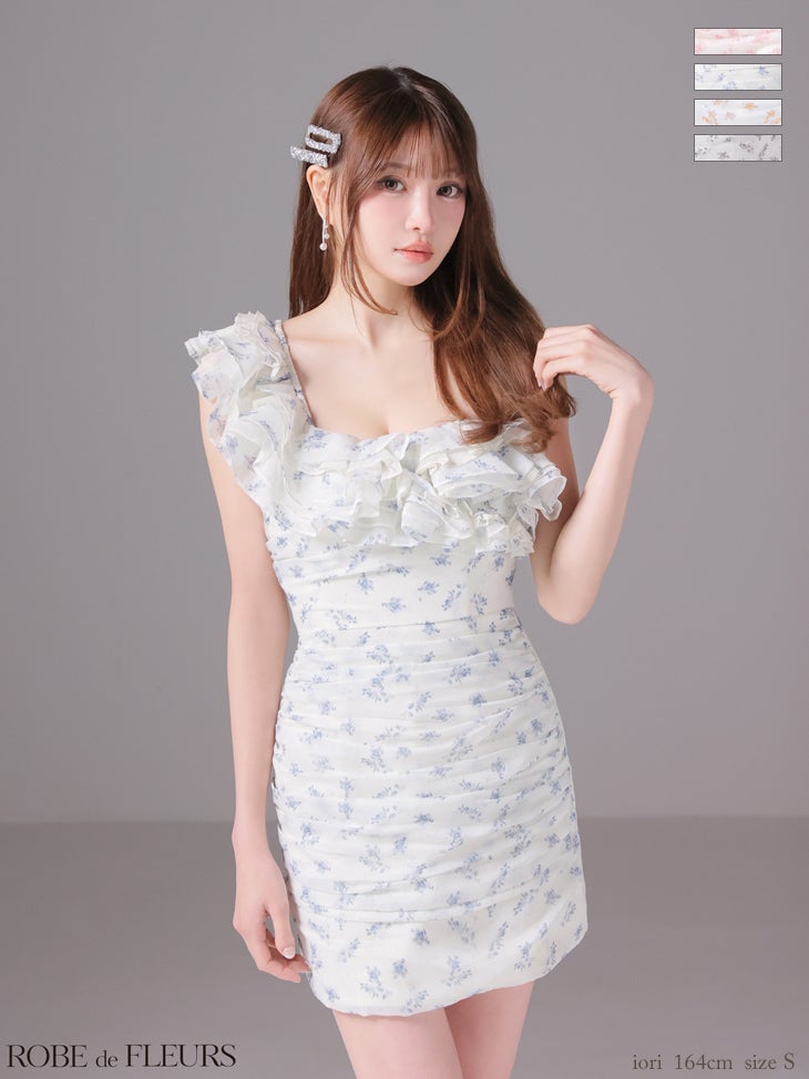 キャバドレス ミニドレス ROBEdeFLEURS ローブドフルール　高級 ブランド タイトミニドレス ワンショルダー 谷間 花柄 ラメシフォン サテン