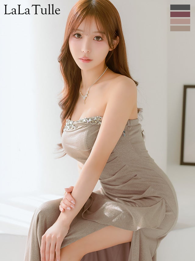 [Angel-R/エンジェルアール] 高級 ブランド タイトロングドレス 大人 スリット キャミソール ベアトップ 2way フリル ラメ ビジュー (らむ着用)