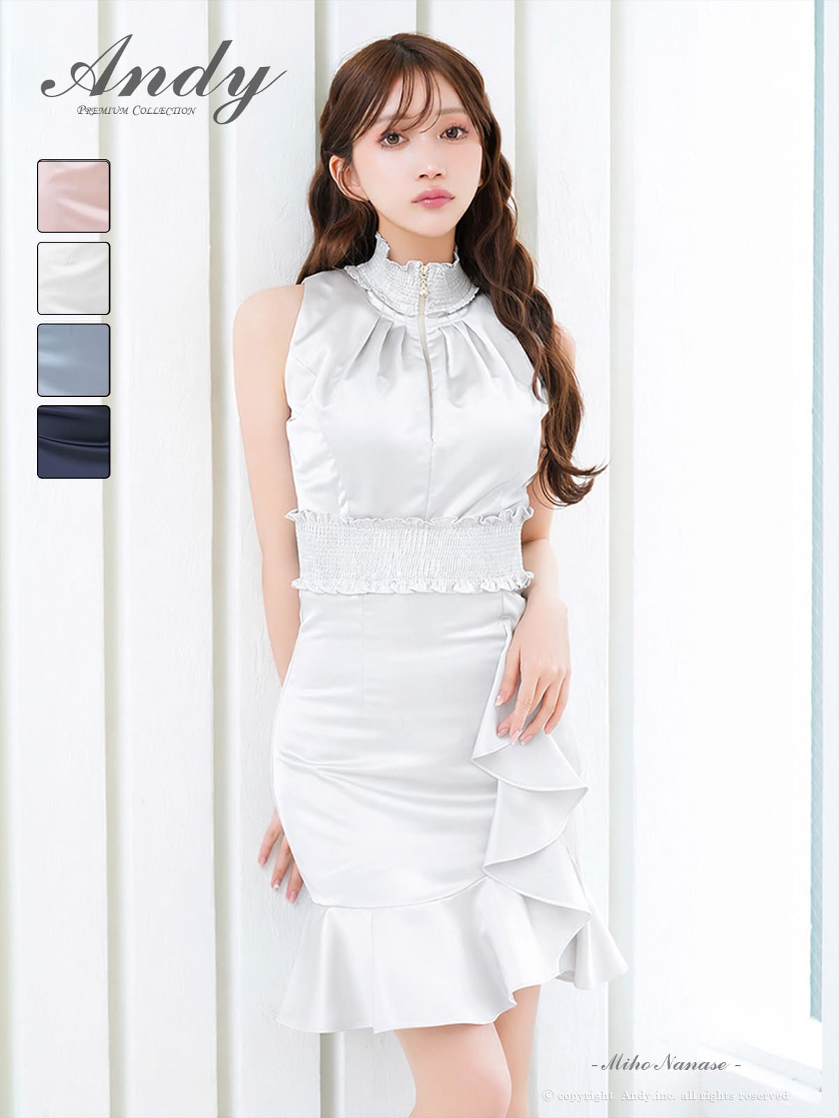 キャバドレス Andy アンディ 高級 ノースリーブ タイトミニドレス ハイネック ジップ バストカット ウエストマーク フリル ワンカラー