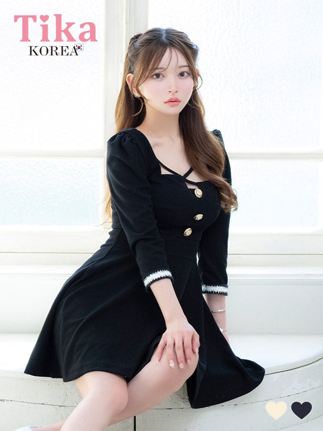 キャバドレス 韓国 ミニ丈 大きいサイズ フレア Aライン ワンピース 袖あり 七分袖 黒