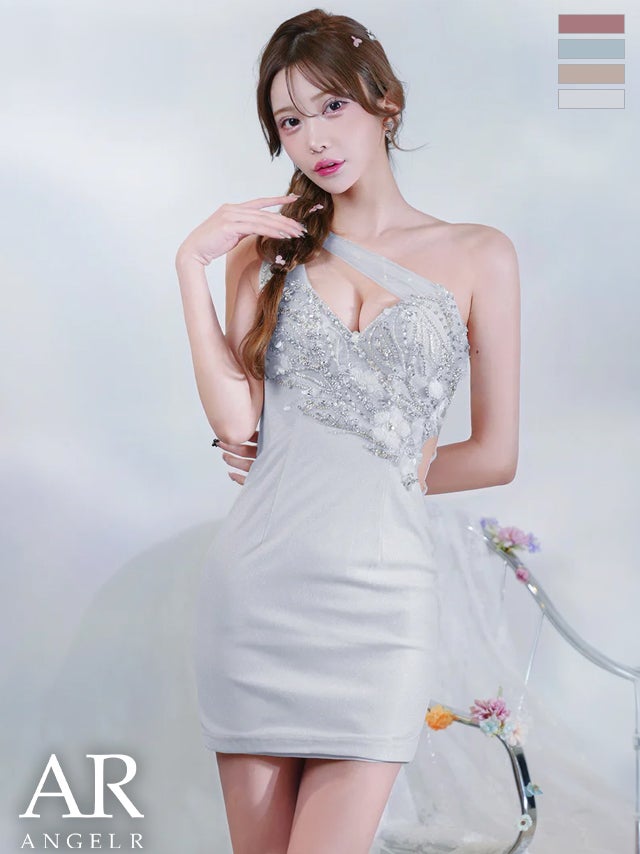 キャバドレス Angel-R エンジェルアール 高級 ブランド タイトミニドレス 谷間 バストカット ビジュー ワンショルダー シアー フラワー
