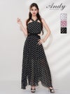 キャバドレス Andy アンディ 高級 ノースリーブ Aラインロングドレス ウエストカット クロスネック ドット柄 シアー