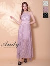 キャバドレス Andy アンディ 高級 ノースリーブ Aラインロングドレス ウエストカット クロスネック ドット柄 シアー