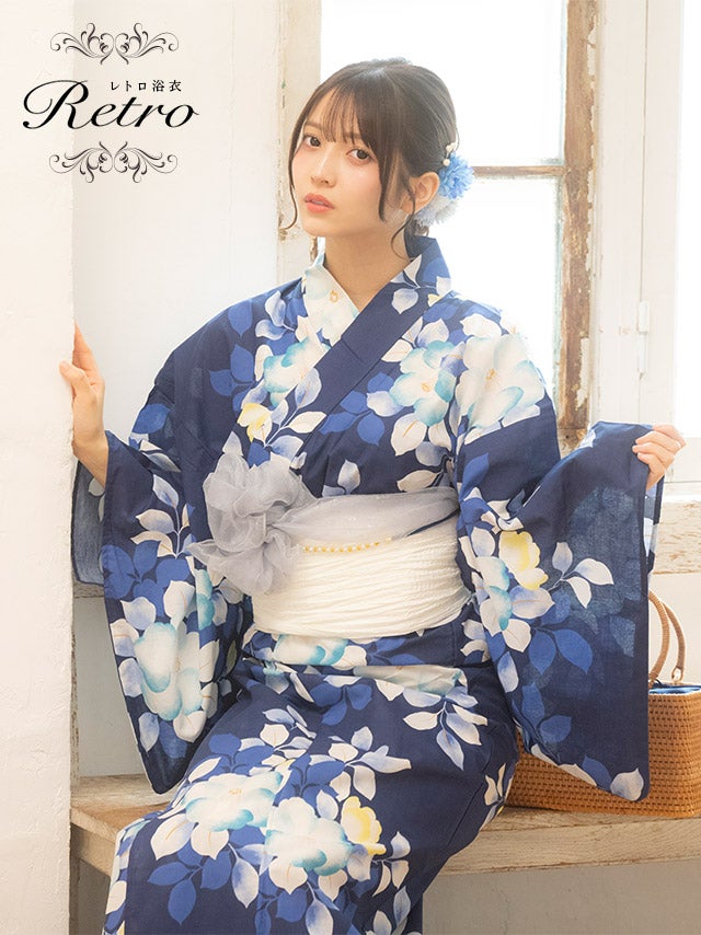 浴衣 レディース ゆかた セット 兵児帯 紺地 シャクナゲ 和装 ネイビー レトロ モダン