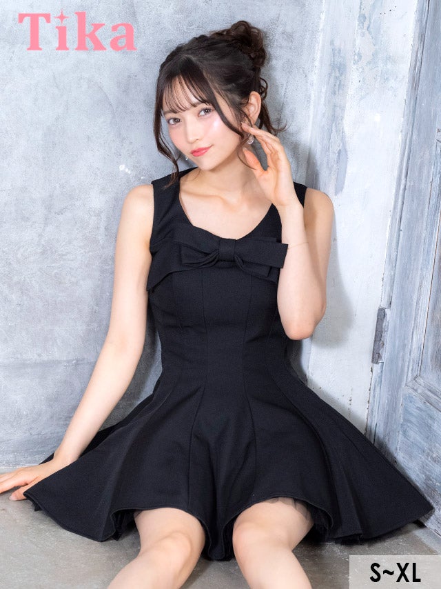 ミニドレス ノースリーブ ビッグリボン Aライン レイヤード チュール