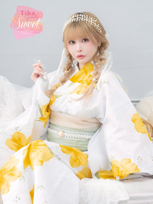 浴衣 レディース 和装 セット 兵児帯 白地 黄色 シャクナゲ ガーリー 和装 ゆかた イエロー