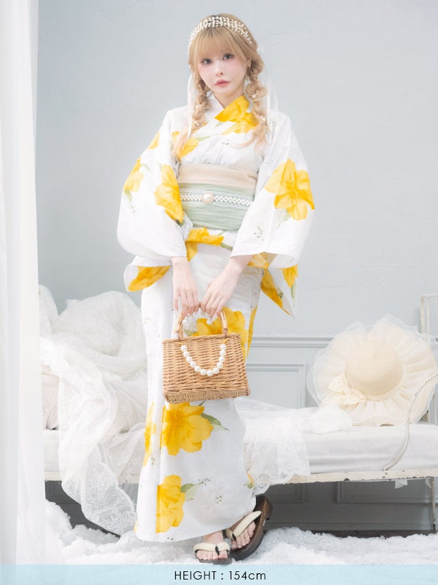 浴衣] 白地 イエロー シャクナゲ ガーリー sweet 2点セット (戦慄かな