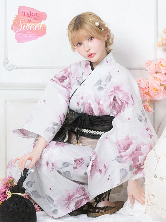 浴衣 レディース 和装 セット 帯 兵児帯 牡丹 白地 ガーリー ぼたん ゆかた 夏祭り ピンク