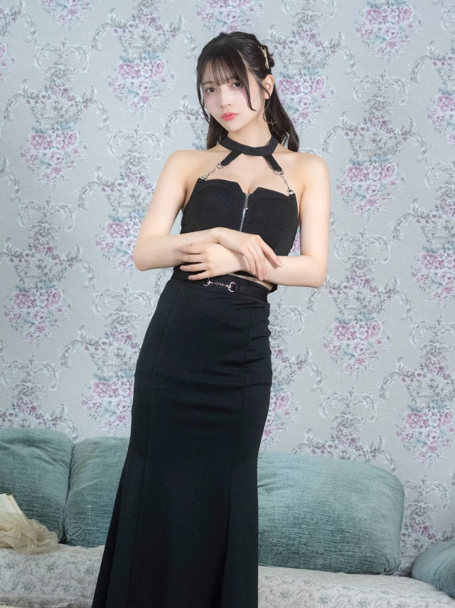 ロングドレス セットアップ ジップ チェーン セクシー ホルターネック