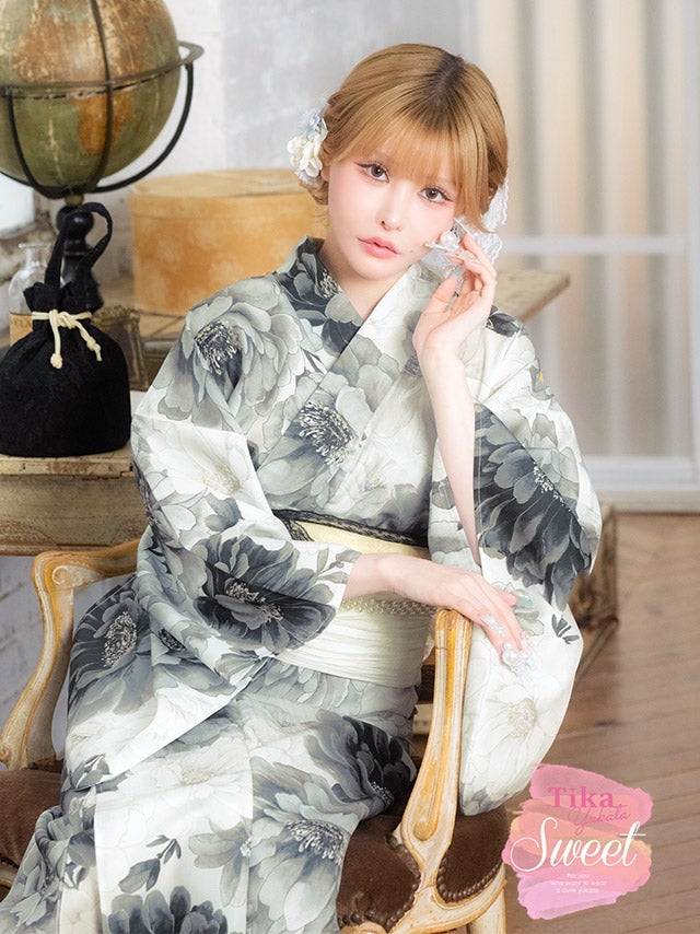 [浴衣] 牡丹 水彩 ニュアンス ガーリー sweet 黒白モノトーン 白 黒 ブラック  2点セット (戦慄かなの着用) [tk-yksw26-lu102]