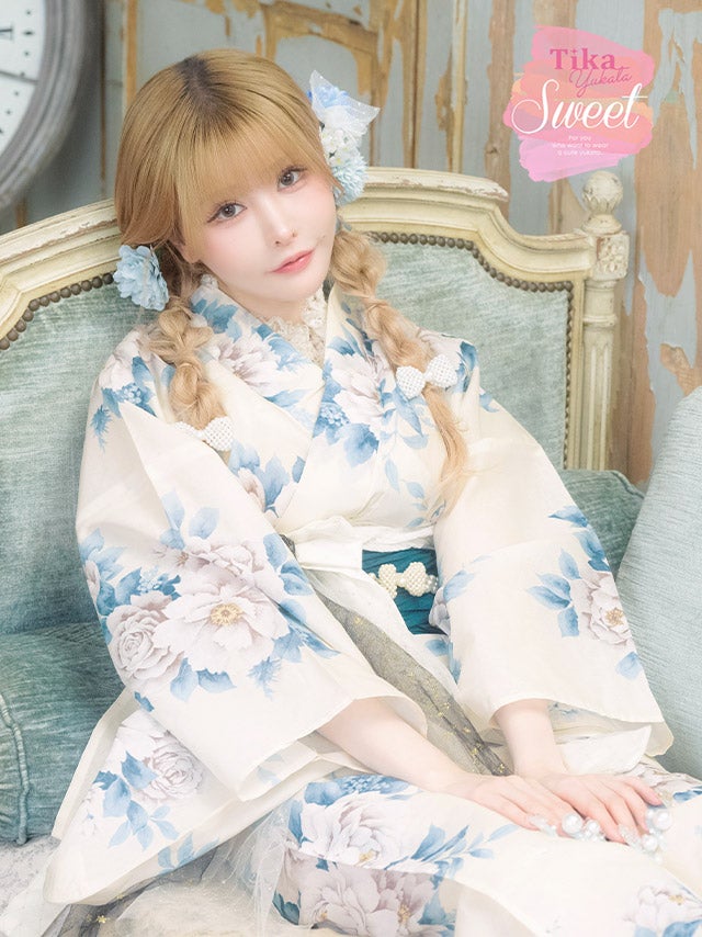 浴衣 レディース ゆかた 牡丹 和装 白地 青 ぼたん 和装 兵児帯 セット しわ兵児 ホワイト