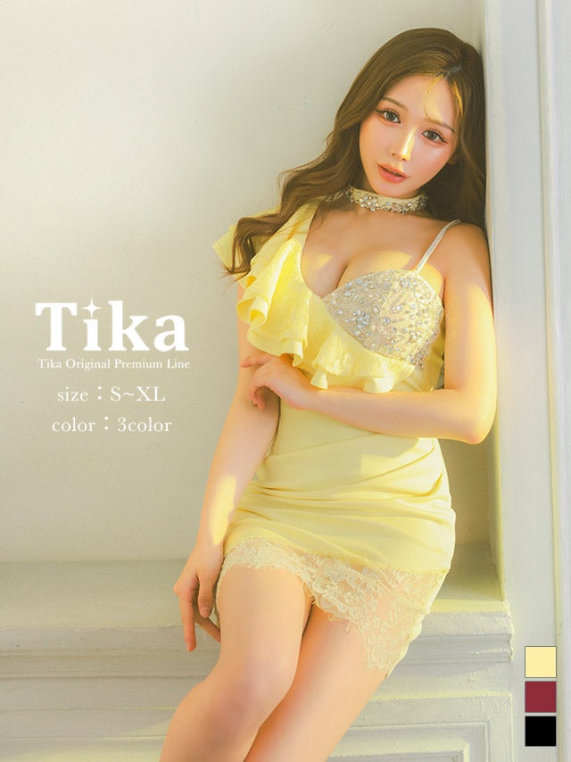 ミニドレス ワンショルダー 大判フリル ビジュー チョーカー付き 谷間 ストレッチ レース 黄色 XL タイト キャバドレス (せいせい着用) [tk-mdjj250906]