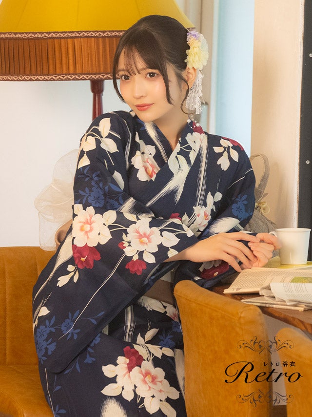 [浴衣] 変わり縞 椿 古典レトロ モダン 紺色 2点セット (黒嵜菜々子着用) [tk-ykrt26-ec60]