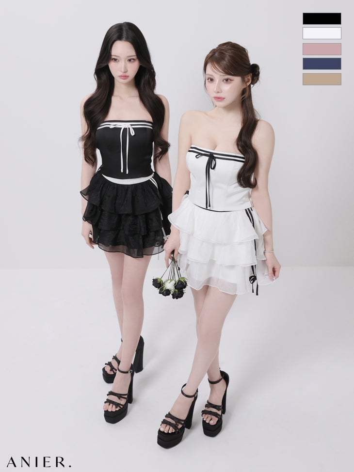 キャバドレス ミニドレス anier.ROBE アニエルローブ 高級 ブランド Aラインミニドレス セットアップ リボン ベアトップ スポーツミックスデザイン ３段フリル バイカラー サテン シフォン