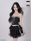 キャバドレス ミニドレス anier.ROBE アニエルローブ 高級 ブランド Aラインミニドレス セットアップ リボン ベアトップ スポーツミックスデザイン ３段フリル バイカラー サテン シフォン