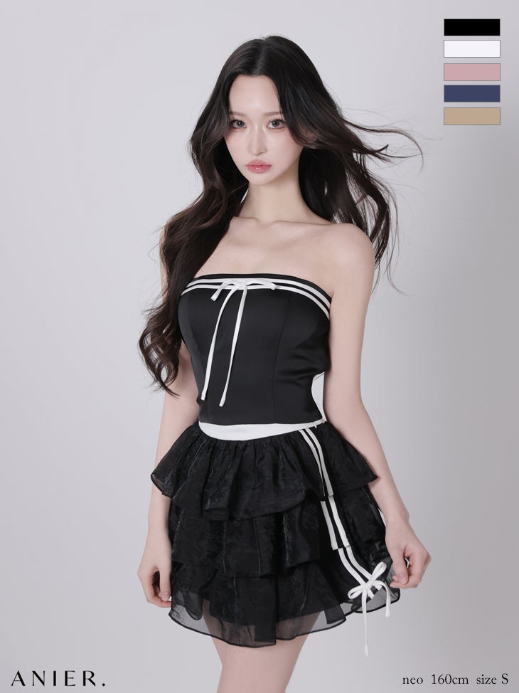 キャバドレス ミニドレス anier.ROBE アニエルローブ 高級 ブランド Aラインミニドレス セットアップ リボン ベアトップ スポーツミックスデザイン ３段フリル バイカラー サテン シフォン