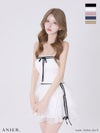 キャバドレス ミニドレス anier.ROBE アニエルローブ 高級 ブランド Aラインミニドレス セットアップ リボン ベアトップ スポーツミックスデザイン ３段フリル バイカラー サテン シフォン